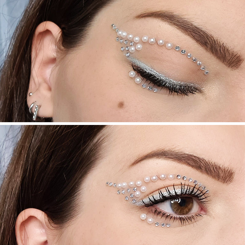 Strass Eyeliners Autocollants - Perles Argentées & Blanches
