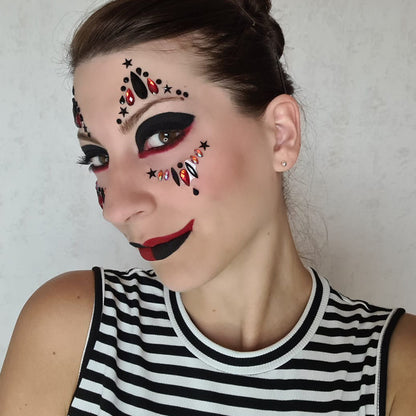 Strass Visage Autocollant - Clown Rouge et Noir