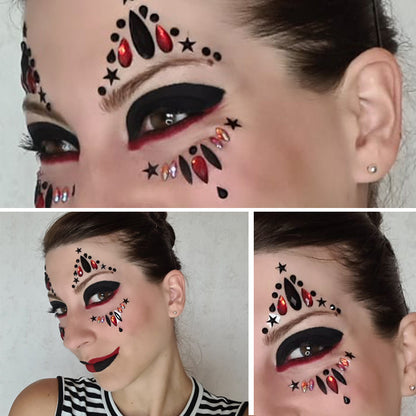 Strass Visage Autocollant - Clown Rouge et Noir