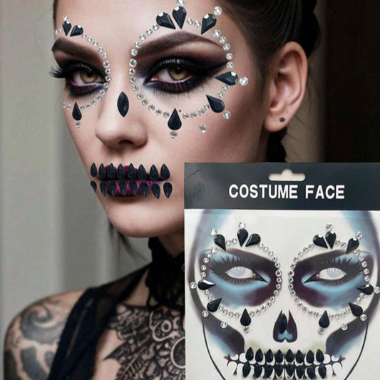 Strass Visage Autocollant - Dia de Los Muertos Noir & Argent