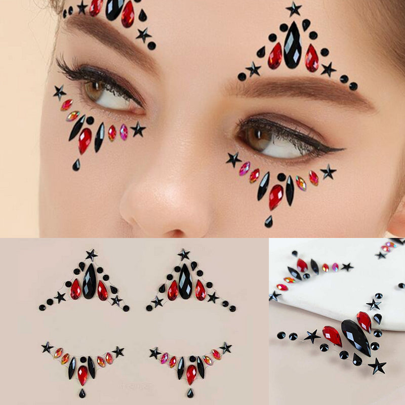 Strass Visage Autocollant - Clown Rouge et Noir