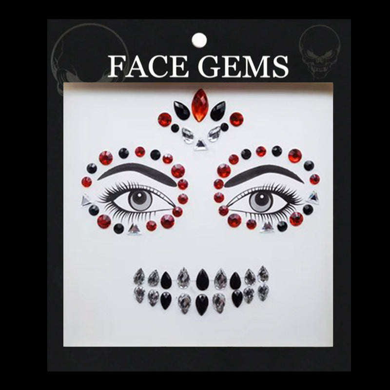 Strass Visage Autocollant - Dia de Los Muertos Rouge & Noir