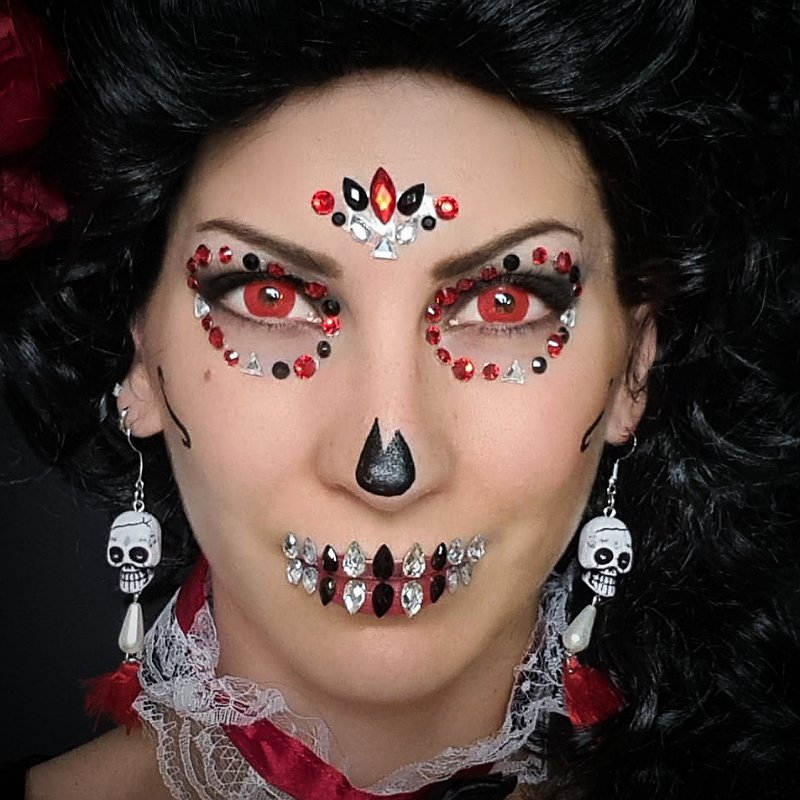 Strass Visage Autocollant - Dia de Los Muertos Rouge & Noir